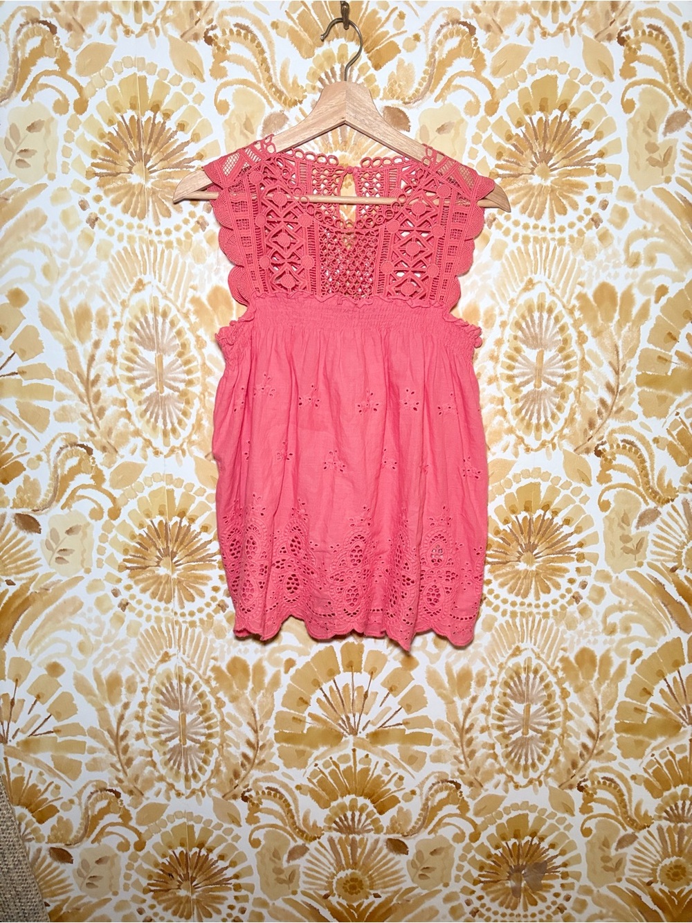 New York & Company Coral Eyelet Lace Crochet Blouse|Boho Smocked Sleeveless Top - Picture 2 of 11